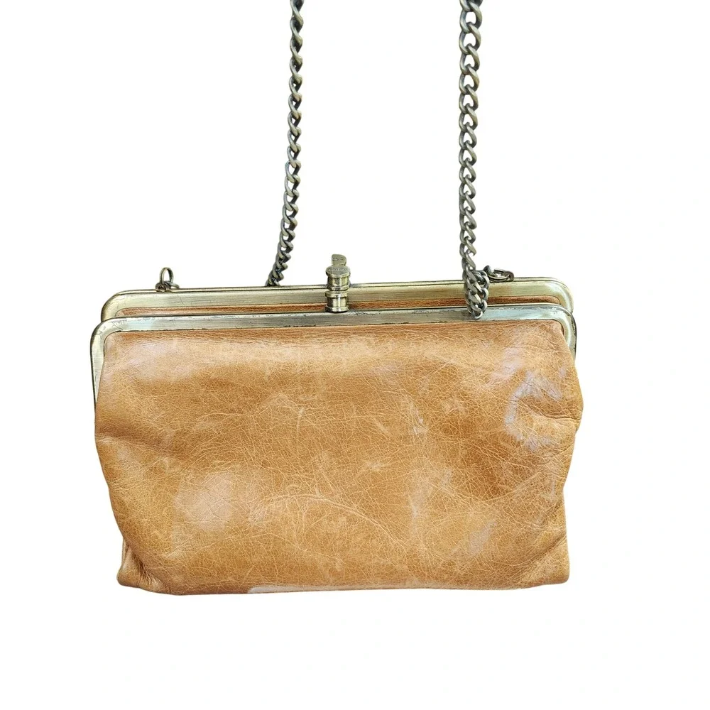 Hobo Lauren Double Frame Leather Wallet Clutch Crossbody Honey Tan Brass Chain